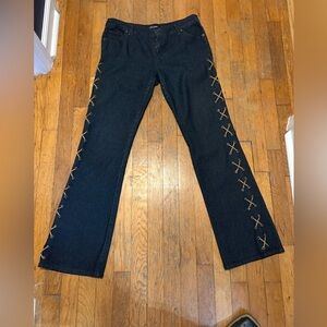 Goddess Dark Blue Flare Jeans with Tan Lace-Up